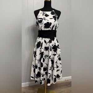 #13)  Maggy London Black and White Floral Midi Dress with Black Waist Sash